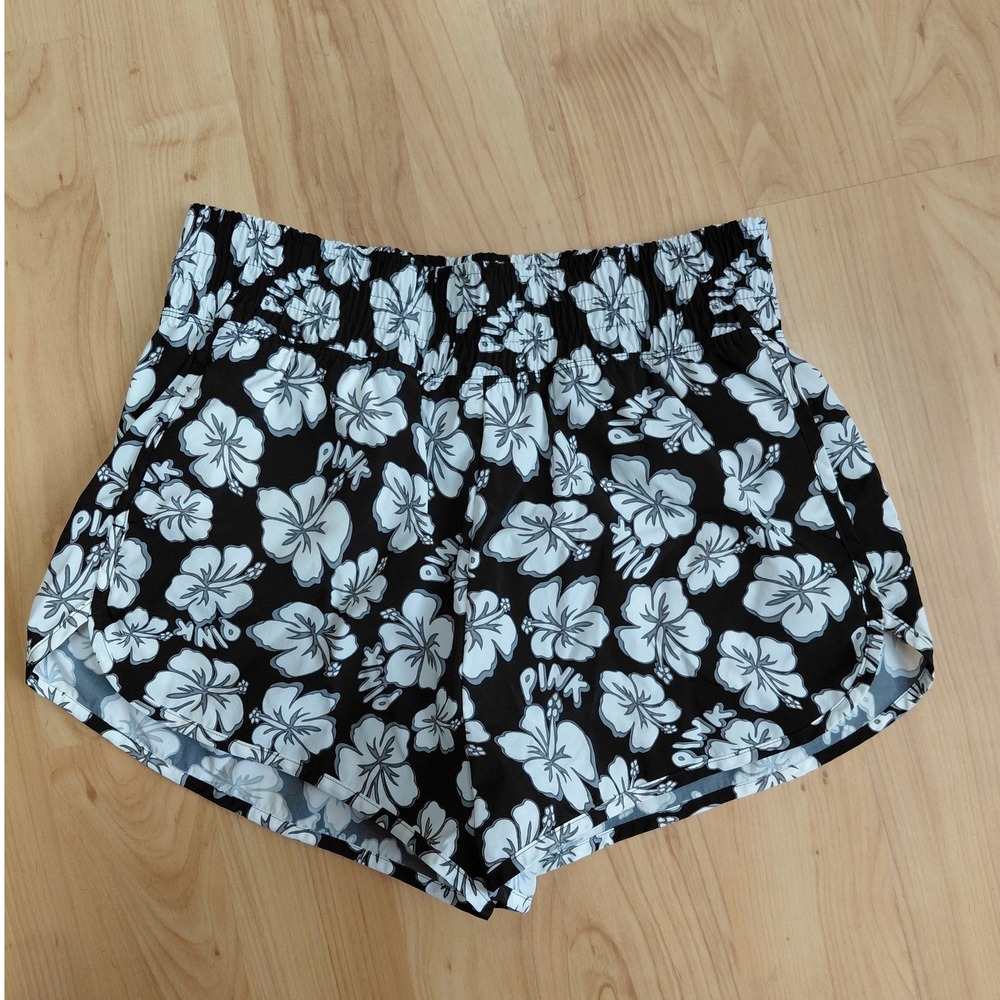 Pink Active Victorias Secret Hibiscus Floral Athletic Shorts Black White Large